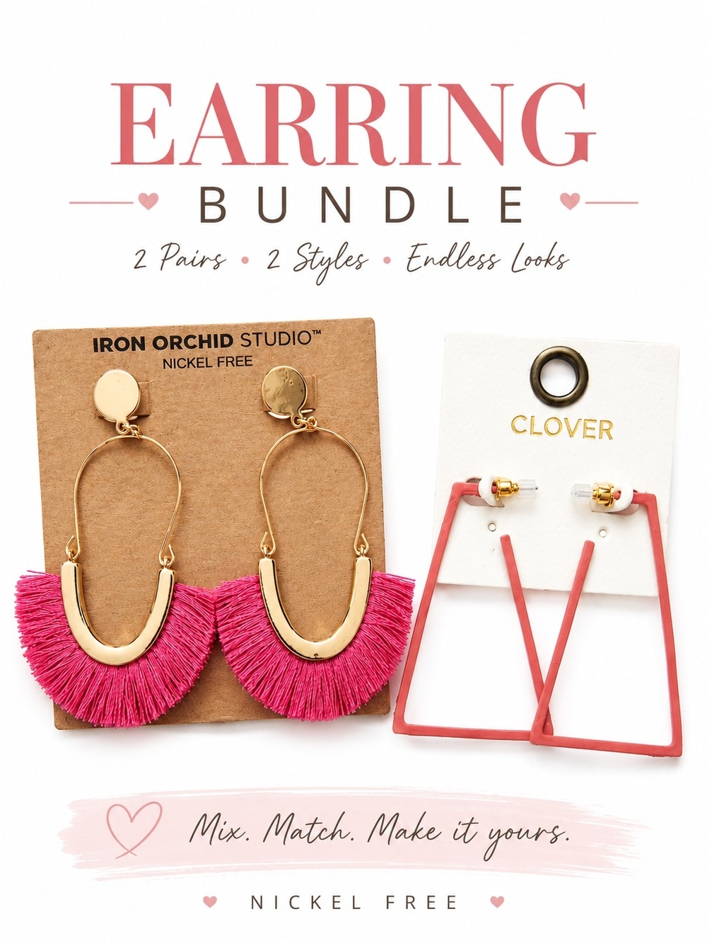 2 Pair Statement Earring Bundle Pink Tassel & Coral Geometric Drop Earrings